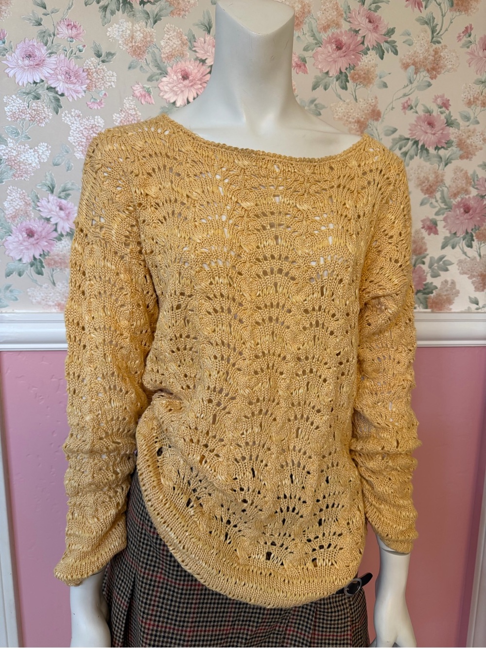 Chico's Golden Mustard Open-Knit Off-the-Shoulder Sweater